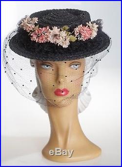 1940s Beautiful Woven Straw Hat with Face Veil & Ruffled Brim & Pink Florals