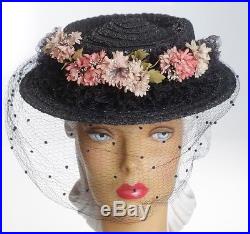 1940s Beautiful Woven Straw Hat with Face Veil & Ruffled Brim & Pink Florals