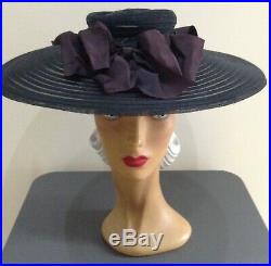 1940s'Beltone' OTT Wide Brimmed Fine Woven Black Hat with Double Bow Feature