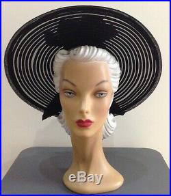 1940s'Beltone' OTT Wide Brimmed Fine Woven Black Hat with Double Bow Feature