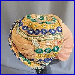 1940s Bes-Ben Cocktail Hat Embroidered Rhinestone India Mirror Turban Style RARE