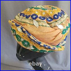 1940s Bes-Ben Cocktail Hat Embroidered Rhinestone India Mirror Turban Style RARE