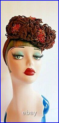 1940s Bes-Ben Snood Cocktail Hat Brown Felt Flowers Floral Headband Style RARE