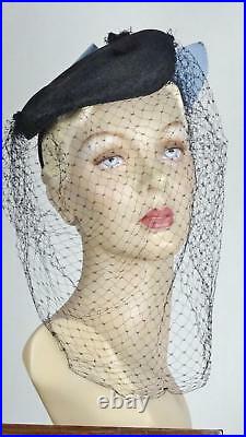 1940s Black Tilt Mini Beret With Blue Bows and Long Silk Veil One Size #1440