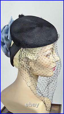 1940s Black Tilt Mini Beret With Blue Bows and Long Silk Veil One Size #1440