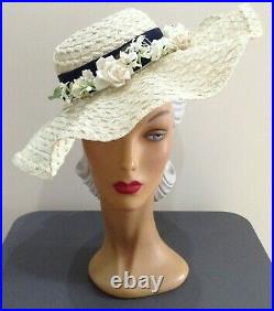 1940s'CREAMY WHITE' Wavy Wide Brimed Hat, Enhanced by Tiny Florals on Navy Band