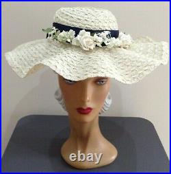 1940s'CREAMY WHITE' Wavy Wide Brimed Hat, Enhanced by Tiny Florals on Navy Band