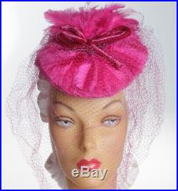 1940s Cutie Magenta Feathers Hat with Face Veil, Velvet Bow & Back Band