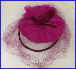 1940s Cutie Magenta Feathers Hat with Face Veil, Velvet Bow & Back Band