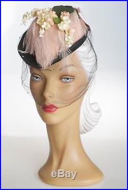 1940s Darling Black Felt Hat with Dotty Face Veil & Feathers & Florals