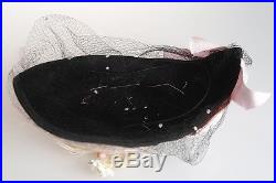 1940s Darling Black Felt Hat with Dotty Face Veil & Feathers & Florals