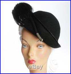 1940s Darling Black Felt Hat with Upturned Front Brim & Oranate Feather Plume