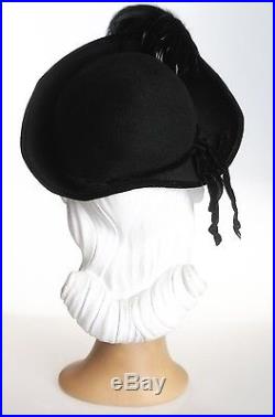 1940s Darling Black Felt Hat with Upturned Front Brim & Oranate Feather Plume