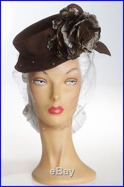 1940s Darling Brown Felt Hat with Dotty Face Veil and Irisdescent Feather Plume