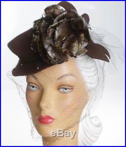 1940s Darling Brown Felt Hat with Dotty Face Veil and Irisdescent Feather Plume