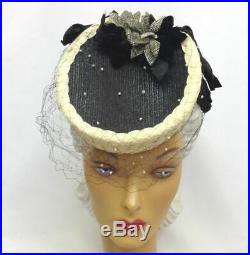 1940s Dramatic Black & Cream Tilt Hat with Check Florals & Pleated Back Feature