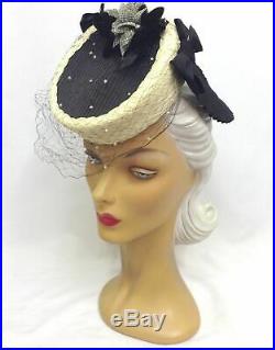 1940s Dramatic Black & Cream Tilt Hat with Check Florals & Pleated Back Feature