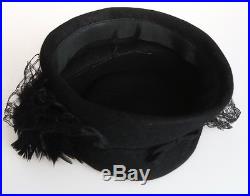 1940s Dramatic Black Felt Hat with OTT Face Veil and Irisdescent Feather Plume