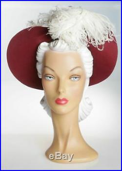 1940s Dramatic Rich Burgundy Felt Hat with OTT Creamy Feathers Plume and Bow