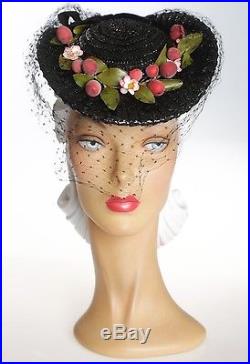 1940s Fruity Black Tilt Straw Hat with Square Dots Veil & Fruit & Florals