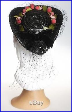 1940s Fruity Black Tilt Straw Hat with Square Dots Veil & Fruit & Florals
