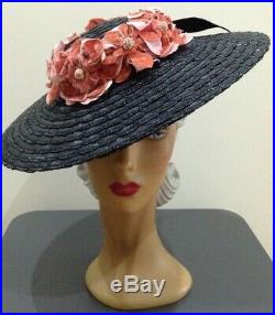 1940s'GAGE' OVERSIZED Wide Brim Black Straw Hat with Pink Floral Clusters