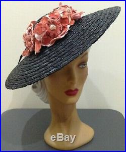 1940s'GAGE' OVERSIZED Wide Brim Black Straw Hat with Pink Floral Clusters
