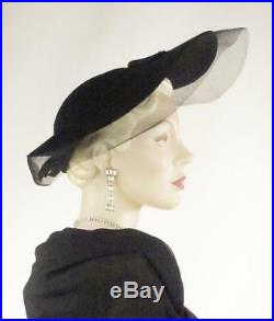 1940s Hat Black Wool and Crinoline Wide Brim New York Creation #1524