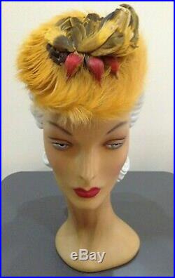 1940s'Helga Hat Shop' Swirling Ginger Feathers Hat with Millinery Faux Birds