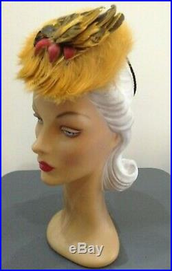 1940s'Helga Hat Shop' Swirling Ginger Feathers Hat with Millinery Faux Birds