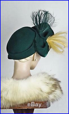 1940s Iconic Dark Green Felt Bonnet Hat Velvet n Feather Trim Sz 6 7/8 #1438