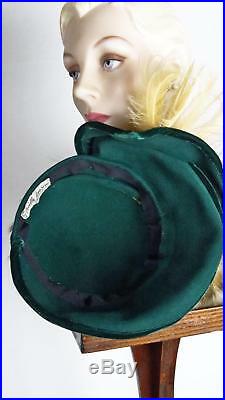 1940s Iconic Dark Green Felt Bonnet Hat Velvet n Feather Trim Sz 6 7/8 #1438
