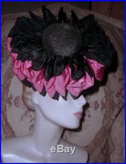 1940s LILLY DACHE Pink Silk Ribbon Pinwheel TILT HAT Magenta & Black w O ring