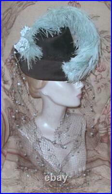 1940s LILLY DACHE Teal Blue Ostrich Plume Riding Hat w Silk Chenille Puff Veil