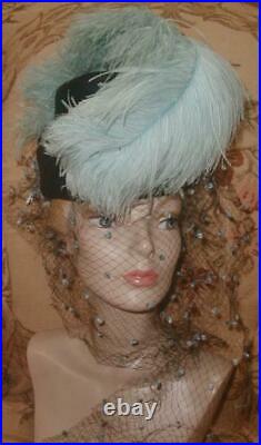 1940s LILLY DACHE Teal Blue Ostrich Plume Riding Hat w Silk Chenille Puff Veil