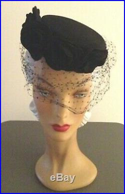 1940s'New York Creations' Hat with Felt Florals & Dotty Veil & Unique Back