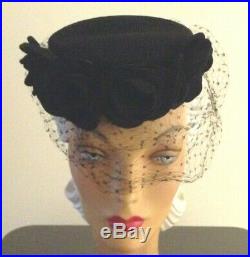 1940s'New York Creations' Hat with Felt Florals & Dotty Veil & Unique Back
