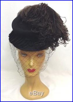 1940s OTT Dramatic Felt Hat with Double Diamond Net & Oversize Feather Plume