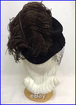 1940s OTT Dramatic Felt Hat with Double Diamond Net & Oversize Feather Plume
