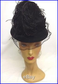 1940s OTT Dramatic Felt Hat with Net & Oversize Sweeping Feather & Large Bow