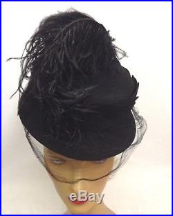 1940s OTT Dramatic Felt Hat with Net & Oversize Sweeping Feather & Large Bow