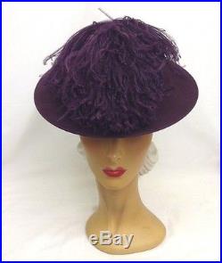 1940s OTT Outrageous Aubergine Felt Hat, Oversized Feather Plume & Leaf Design