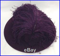 1940s OTT Outrageous Aubergine Felt Hat, Oversized Feather Plume & Leaf Design