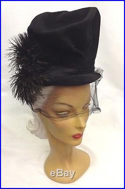 1940s Outrageous OTT High Pinched Crown Felt Hat with Satin, Net & Feather Plume