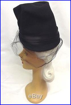 1940s Outrageous OTT High Pinched Crown Felt Hat with Satin, Net & Feather Plume