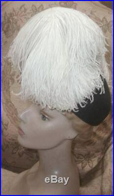 1940s Paris Label French White Ostrich Plume Hat, Jeanne Pierre, Velour Felt w Box