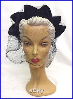 1940s Pointy Feature Black Felt Halo Hat with Velvet Trim & Amazing Net Veil