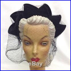 1940s Pointy Feature Black Felt Halo Hat with Velvet Trim & Amazing Net Veil