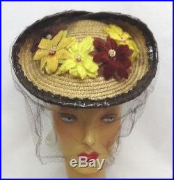 1940s Quirky Saucer Straw Hat with Spider Web Veil & Vibrant Floral Decorations