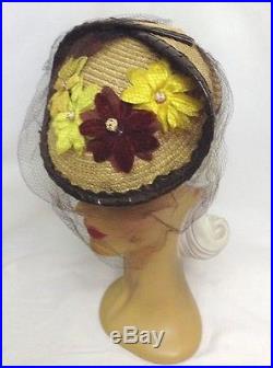 1940s Quirky Saucer Straw Hat with Spider Web Veil & Vibrant Floral Decorations